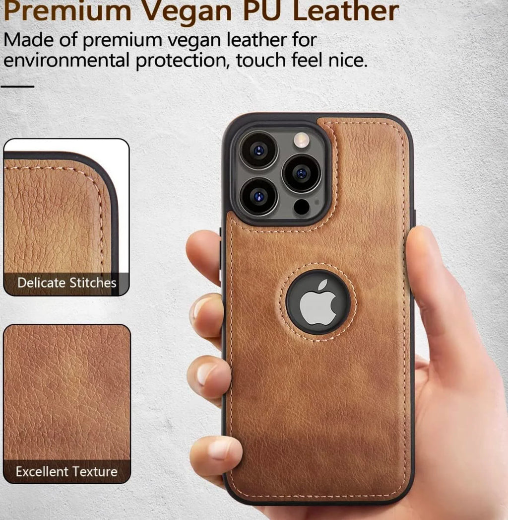 Slim Fit PU Leather Back Cover with Logo Hole for iPhone 16 / 16 Pro / 16 Pro Plus / 16 Pro Max – Soft Silicone Shockproof Protective Case