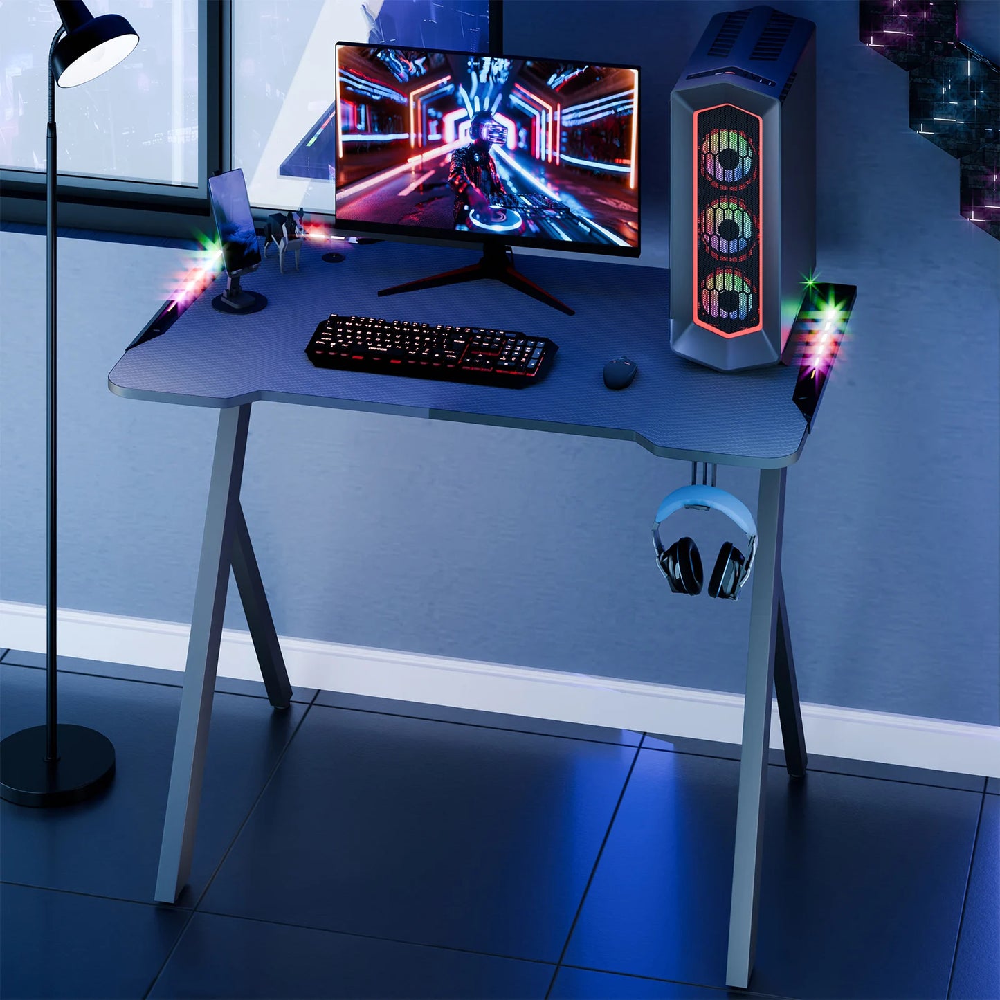RGB Lighted Adjustable Gaming Desk – Large Standing Desk for Gaming/Work, and Home Office