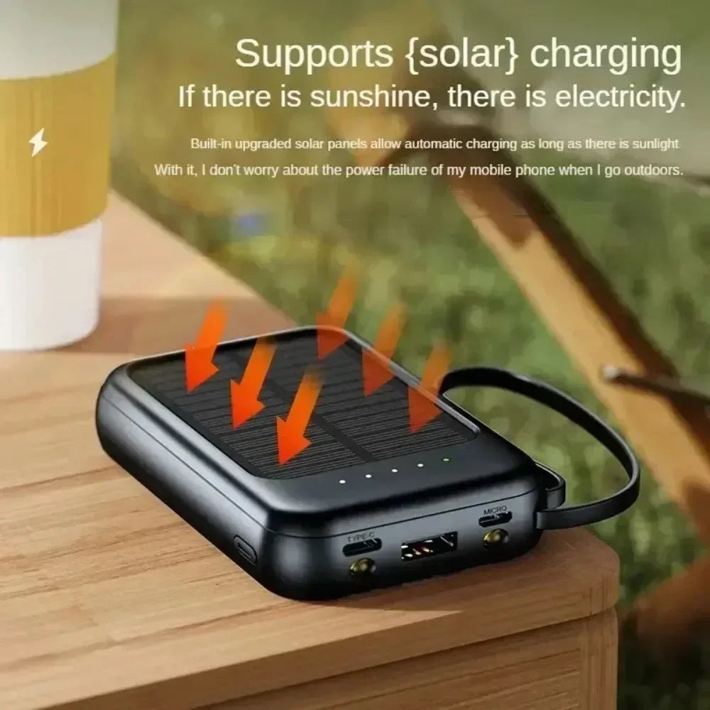 High-Capacity Fast Charge Power Bank 10000mAh – 3 Integrated Cables, Outdoor Portable Charger with Solar Cells, Mini External Battery Pack