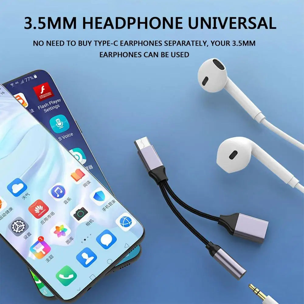 2-in-1 USB-C Splitter Adapter | 3.5mm AUX Audio & Charging | Universal Headphone & Charge Converter