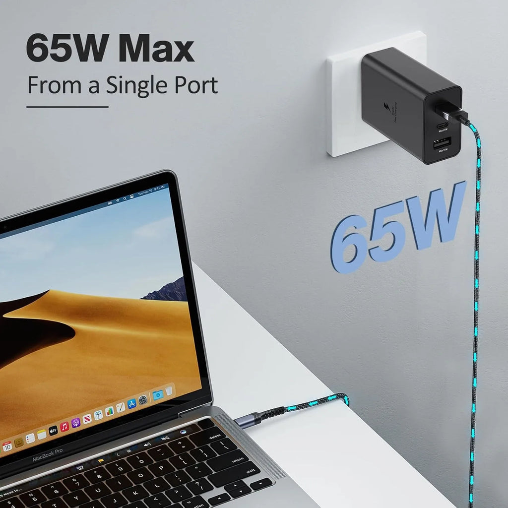 3-Port 65W USB-C Wall Charger – Samsung Galaxy S/Note Series + Laptops Compatible