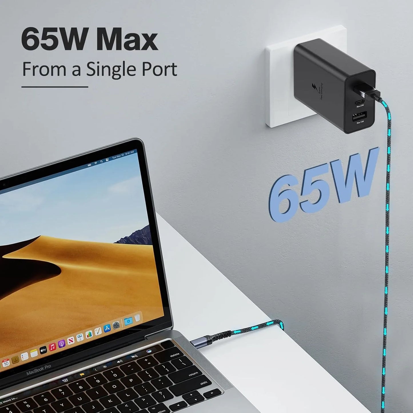 3-Port 65W USB-C Wall Charger – Samsung Galaxy S/Note Series + Laptops Compatible