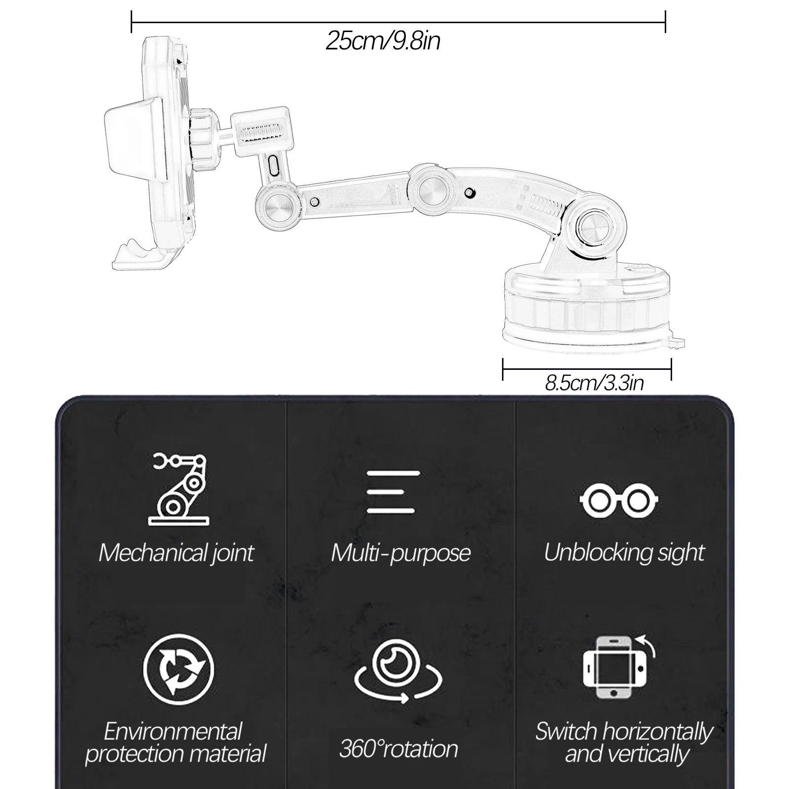360 Rotation Universal Car Phone Mount – Windscreen Windshield Dashboard Holder for GPS Navigation, Mobile Phone Bracket, Vehicle Stand