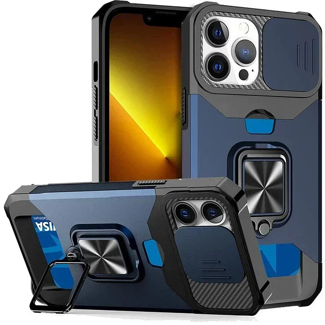 Rugged Protective Case for iPhone 17/16/15/14/13/12 Pro/Max/Plus/8/7 Plus Mini — Sliding Camera Shield & Card Holder Clip