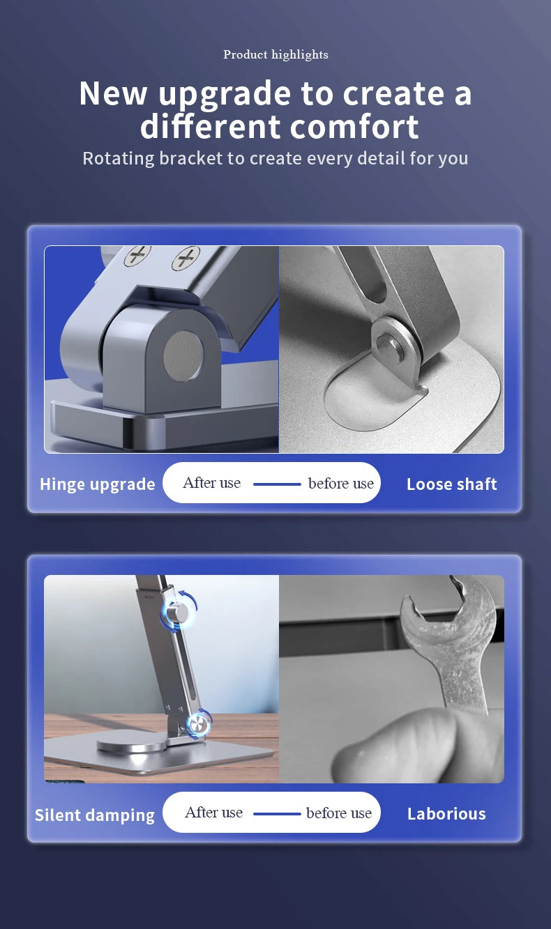 Aluminum Tablet Stand & Desk Riser – 360° Rotatable, Multi-Angle Height Adjustable
