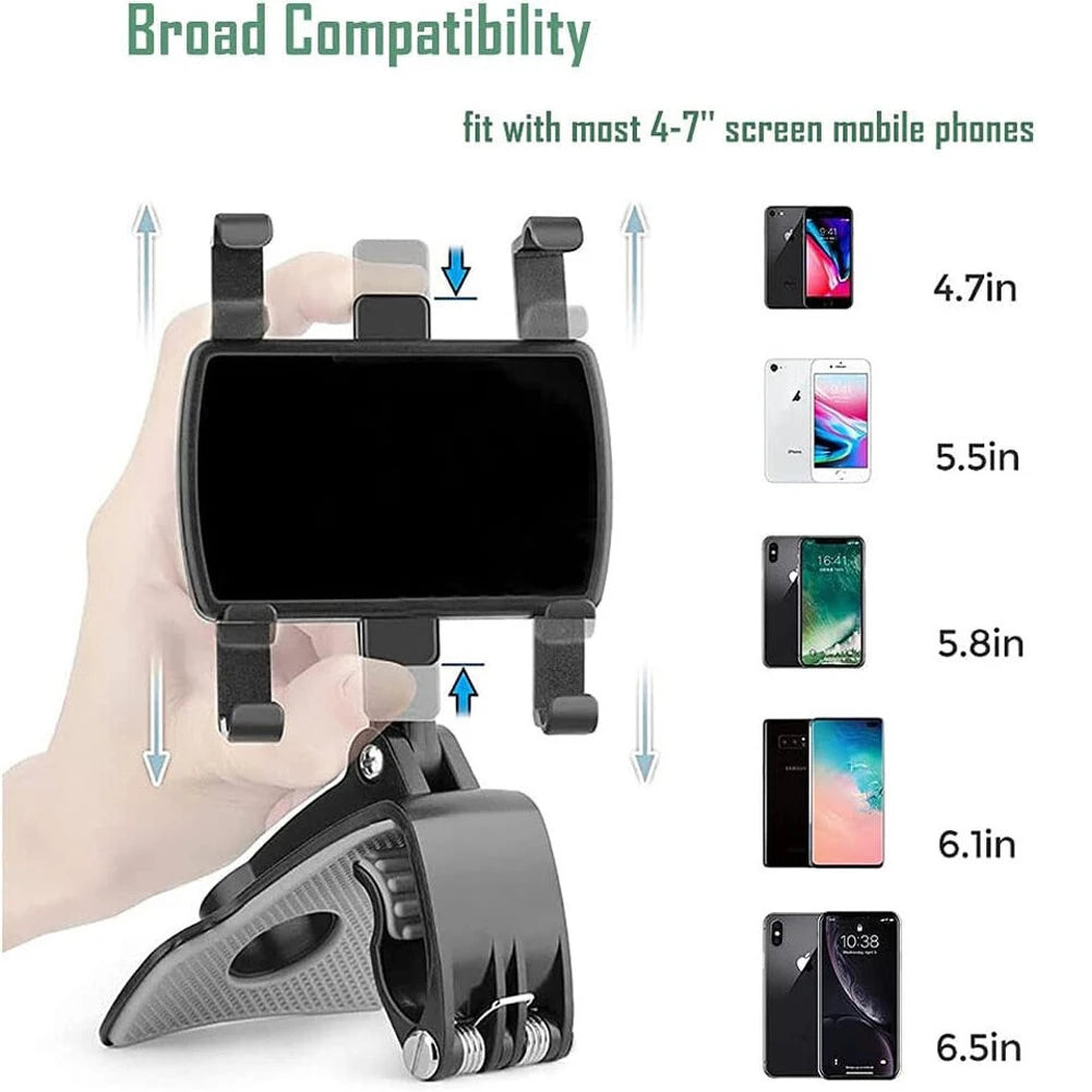 360° Car Phone Mount – Rotating Rearview Mirror/Nav Bracket, Dashboard Adjustable Spring Clip