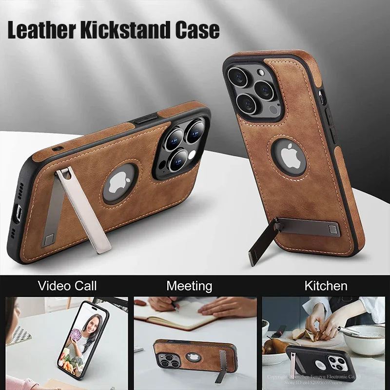 Leather Kickstand Phone Case for iPhone 15 / 13 Pro Max / 14 Plus / 12 / 11 – Shockproof, Flexible, Soft-Grip Luxury Back Cover