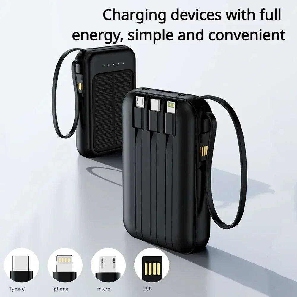 High-Capacity Fast Charge Power Bank 10000mAh – 3 Integrated Cables, Outdoor Portable Charger with Solar Cells, Mini External Battery Pack