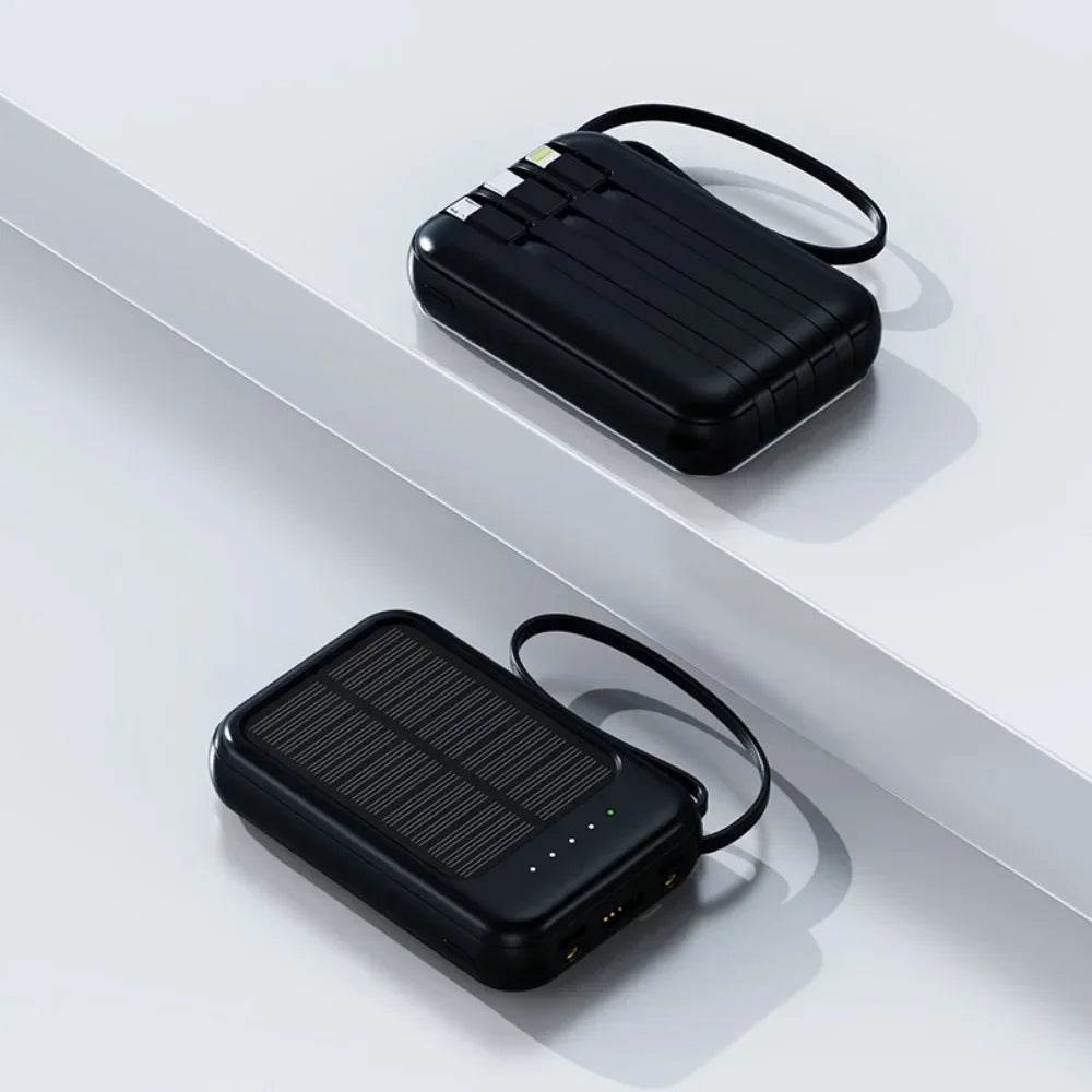 High-Capacity Fast Charge Power Bank 10000mAh – 3 Integrated Cables, Outdoor Portable Charger with Solar Cells, Mini External Battery Pack