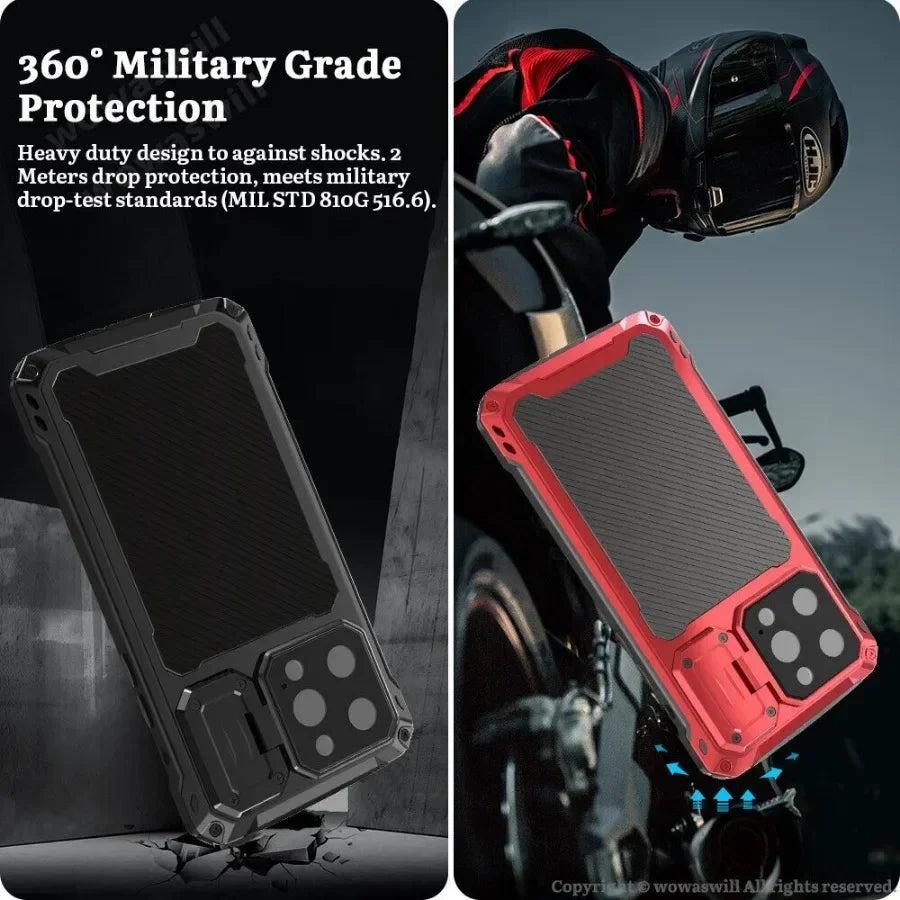 Aluminum Magnetic Shockproof Case for iPhone 16/15/Plus/14 Pro Max — Heavy-Duty Armor Cover with Screen Protector, Lens Stand