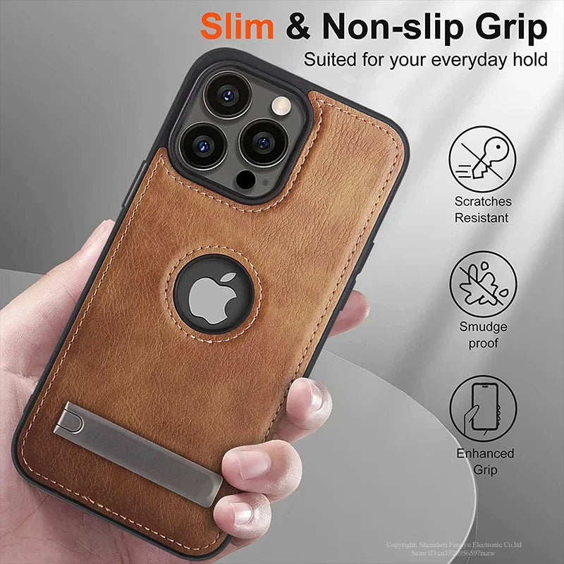 Leather Kickstand Phone Case for iPhone 15 / 13 Pro Max / 14 Plus / 12 / 11 – Shockproof, Flexible, Soft-Grip Luxury Back Cover