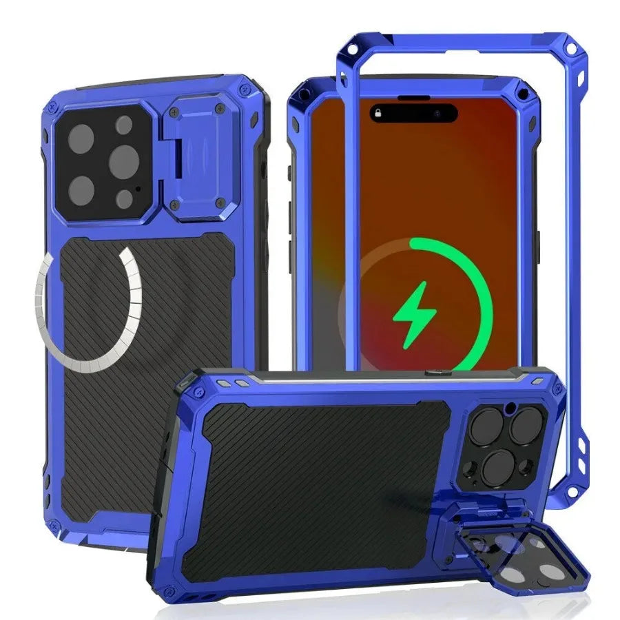 Aluminum Magnetic Shockproof Case for iPhone 16/15/Plus/14 Pro Max — Heavy-Duty Armor Cover with Screen Protector, Lens Stand
