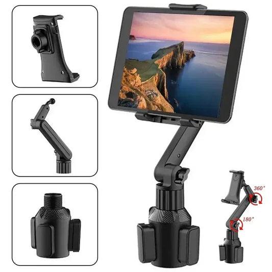New Car Tablet & Smartphone Cup Holder Mount – 360° Adjustable, 270° Tilt, Triangular Base, RAM Mount Tablet Holder