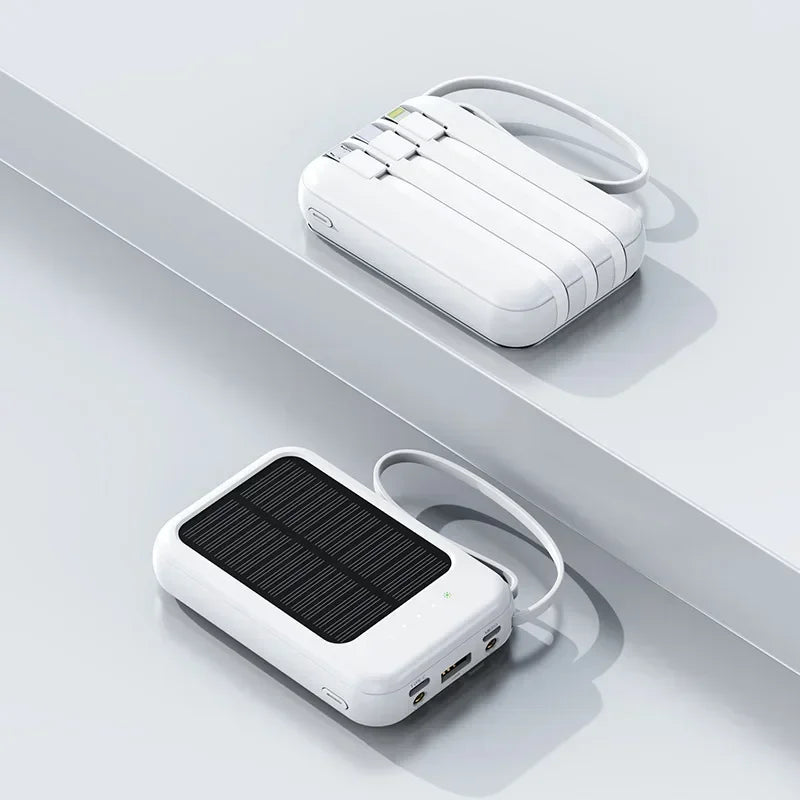 High-Capacity Fast Charge Power Bank 10000mAh – 3 Integrated Cables, Outdoor Portable Charger with Solar Cells, Mini External Battery Pack