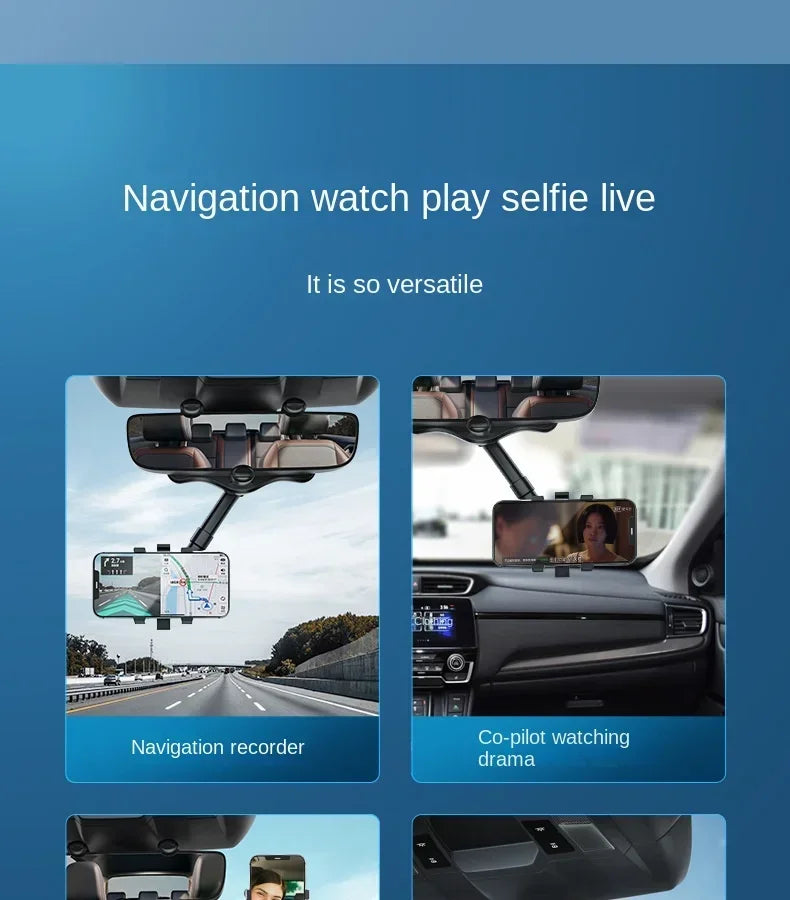 360° Rotation Rearview Mirror Phone Mount – Stable Gripper Car Bracket for GPS/Navi, Compatible with iPhone, Samsung, Xiaomi