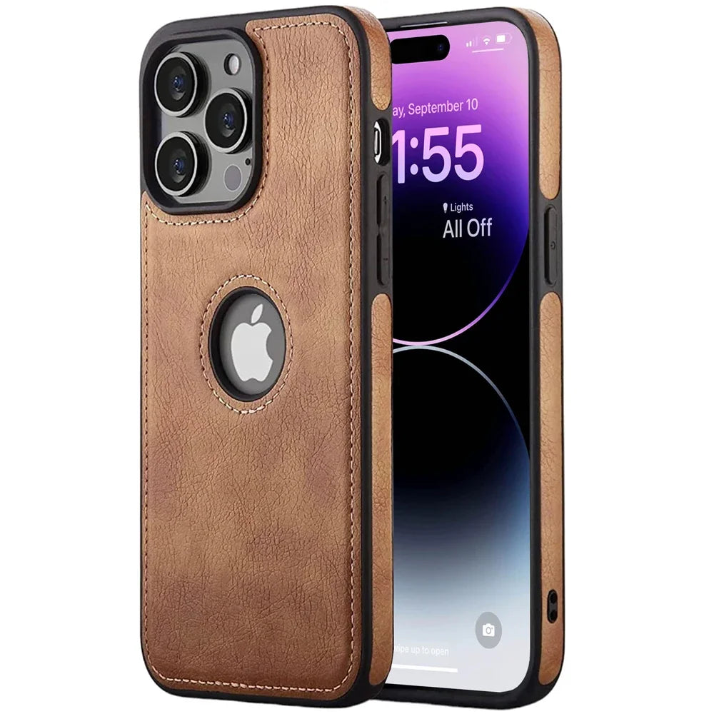 Slim Fit PU Leather Back Cover with Logo Hole for iPhone 16 / 16 Pro / 16 Pro Plus / 16 Pro Max – Soft Silicone Shockproof Protective Case