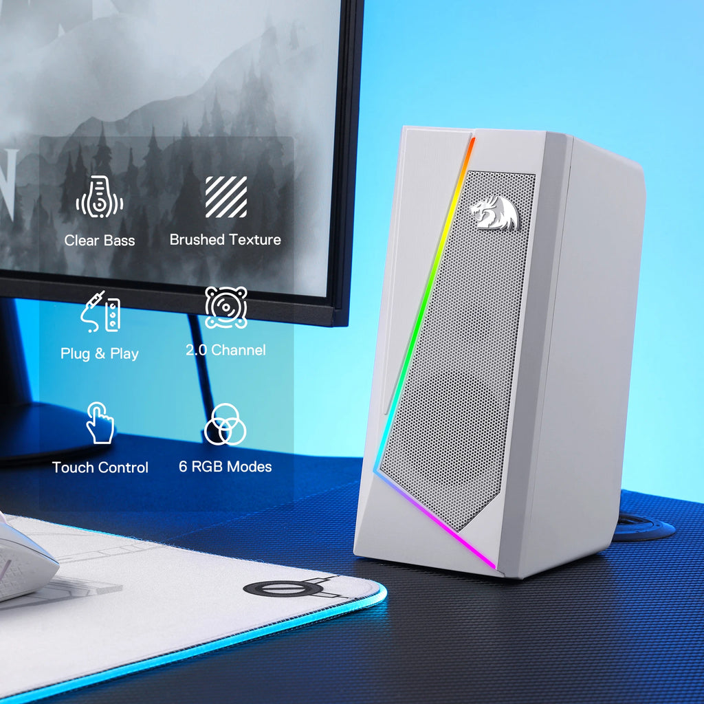 Redragon GS520 RGB PC Speakers – 2.0 Channel Desktop Audio with Six LED Modes, High-Quality Stereo Sound (White/Pink)
