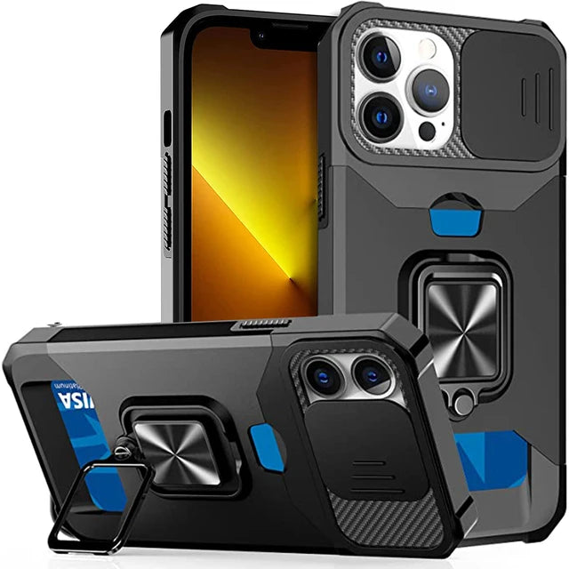 Rugged Protective Case for iPhone 17/16/15/14/13/12 Pro/Max/Plus/8/7 Plus Mini — Sliding Camera Shield & Card Holder Clip