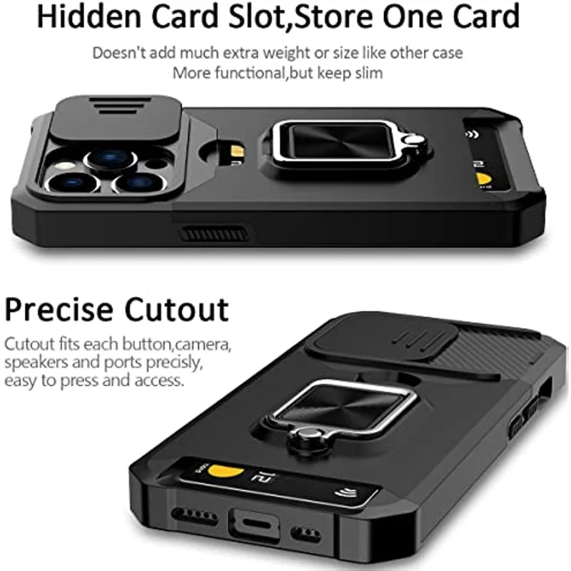 Rugged Protective Case for iPhone 17/16/15/14/13/12 Pro/Max/Plus/8/7 Plus Mini — Sliding Camera Shield & Card Holder Clip