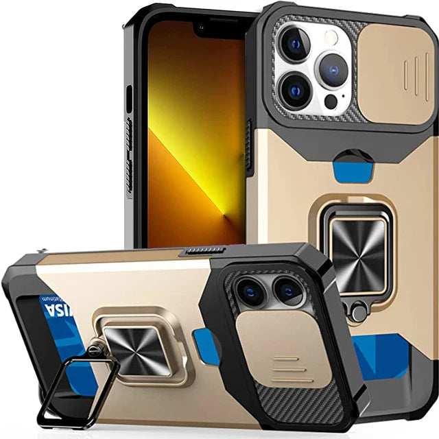 Rugged Protective Case for iPhone 17/16/15/14/13/12 Pro/Max/Plus/8/7 Plus Mini — Sliding Camera Shield & Card Holder Clip