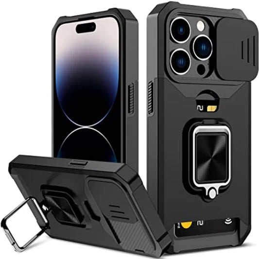 Rugged Protective Case for iPhone 17/16/15/14/13/12 Pro/Max/Plus/8/7 Plus Mini — Sliding Camera Shield & Card Holder Clip