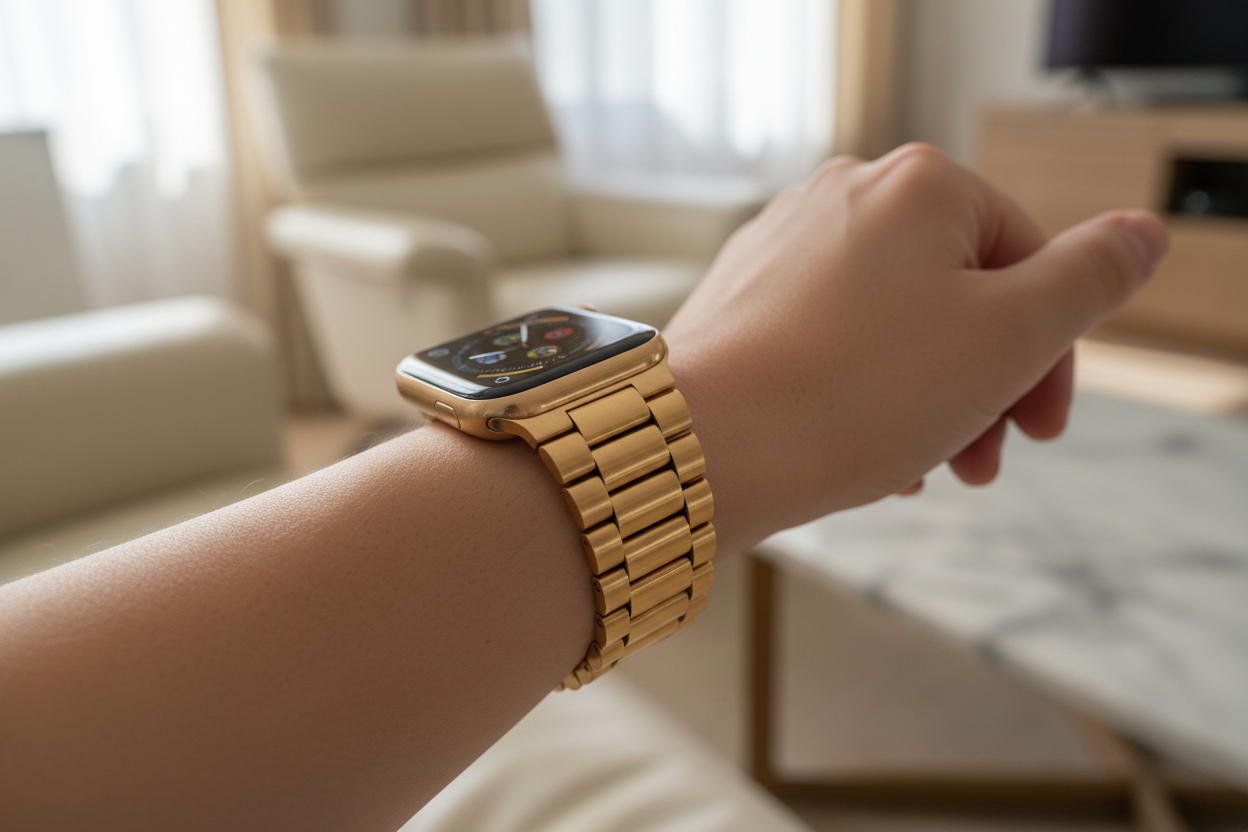 Premium Gold Stainless Steel Watch Band for Apple Watch 38-45mm — Heavy-Duty, Adjustable Metal Strap for Men, Replacement