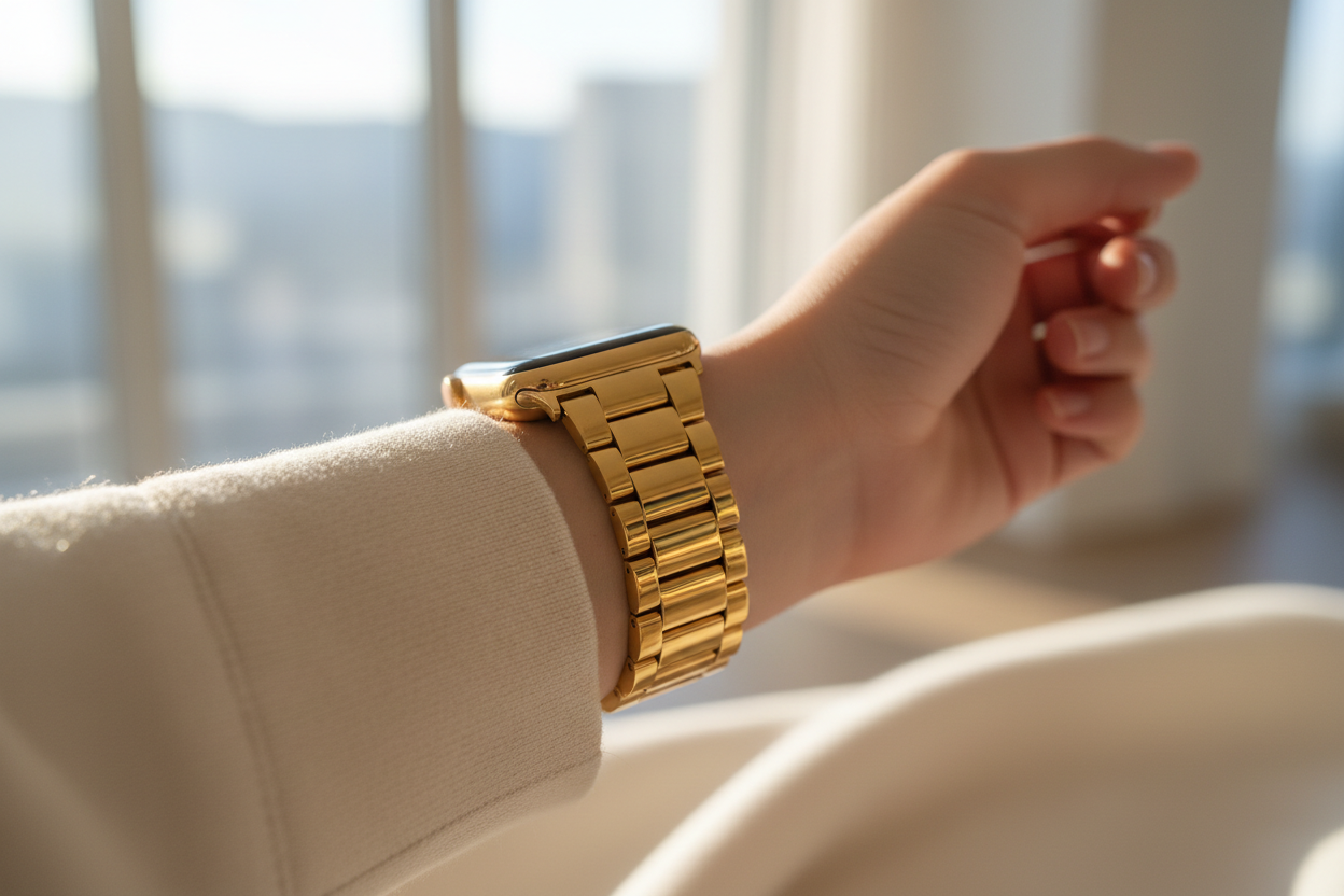 Premium Gold Stainless Steel Watch Band for Apple Watch 38-45mm — Heavy-Duty, Adjustable Metal Strap for Men, Replacement