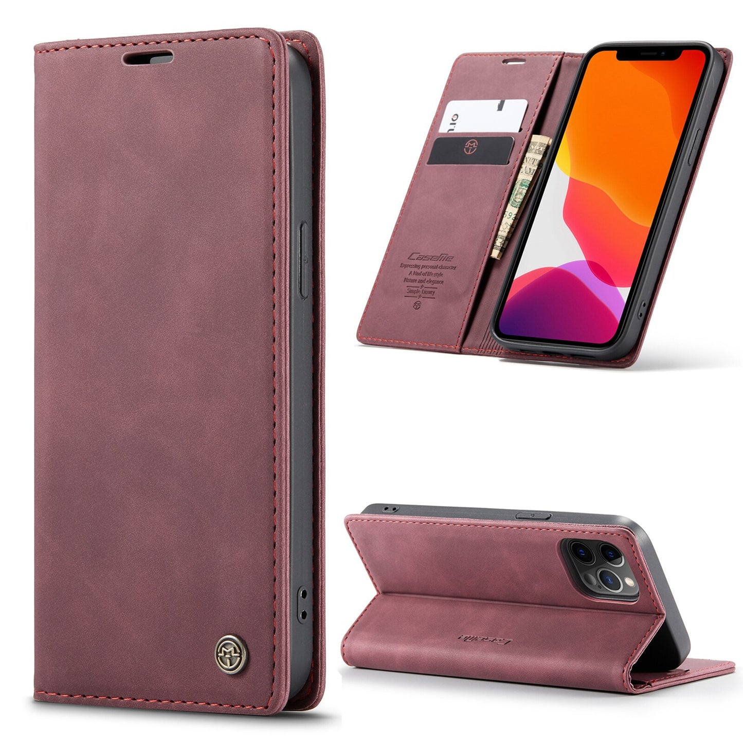 Premium iPhone 14 13 12 Mini Pro Max Case Retro Magnetic Card Leather Wallet.