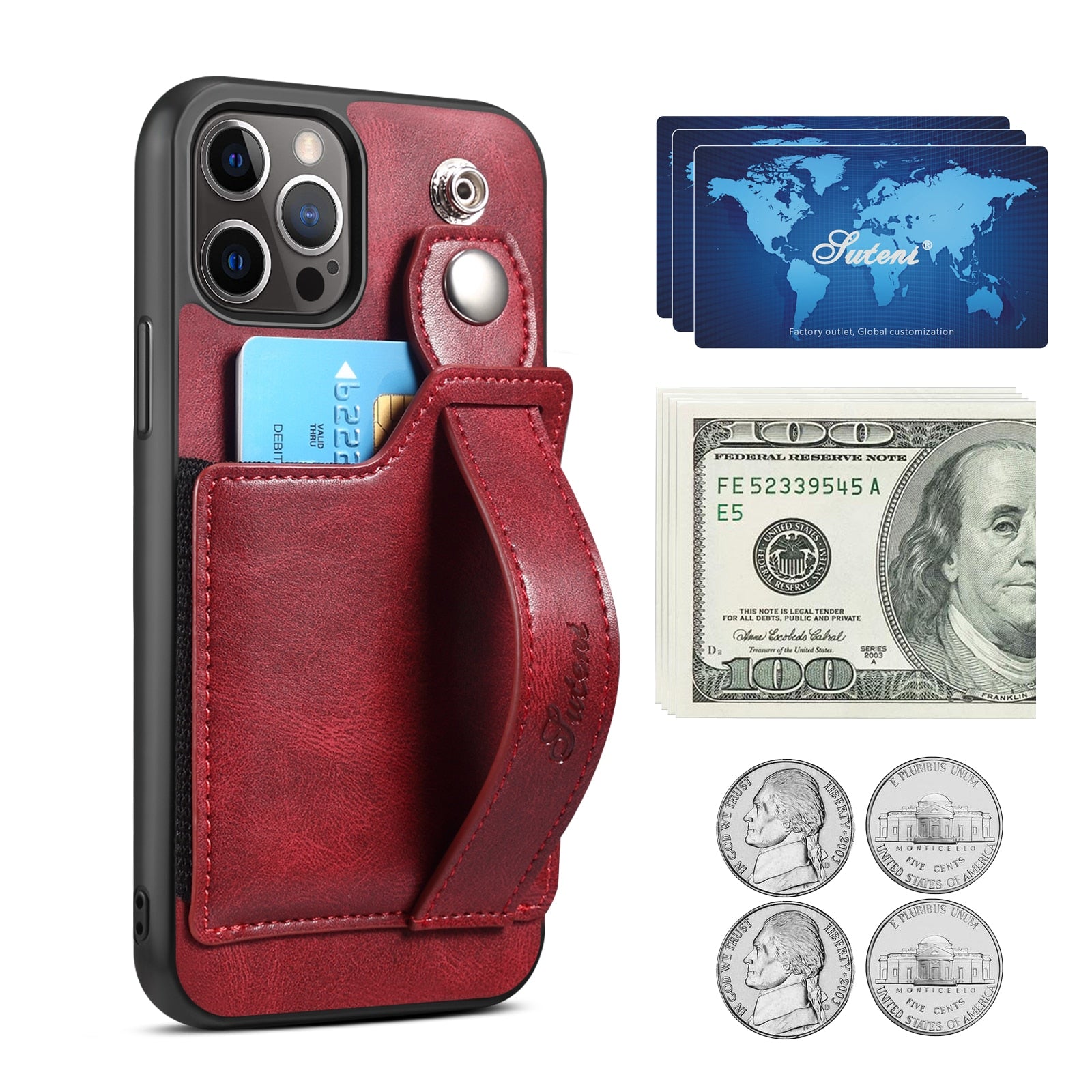 Leather Wallet flip Cover Stand Feature with Wrist Strap and Credit Cards Pocket for iPhones