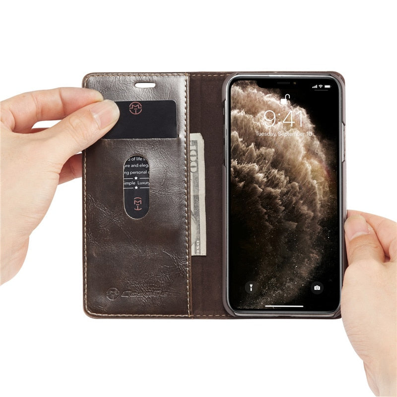 Elegant Leather Magnetic Card Holder Wallet Cover for iPhones