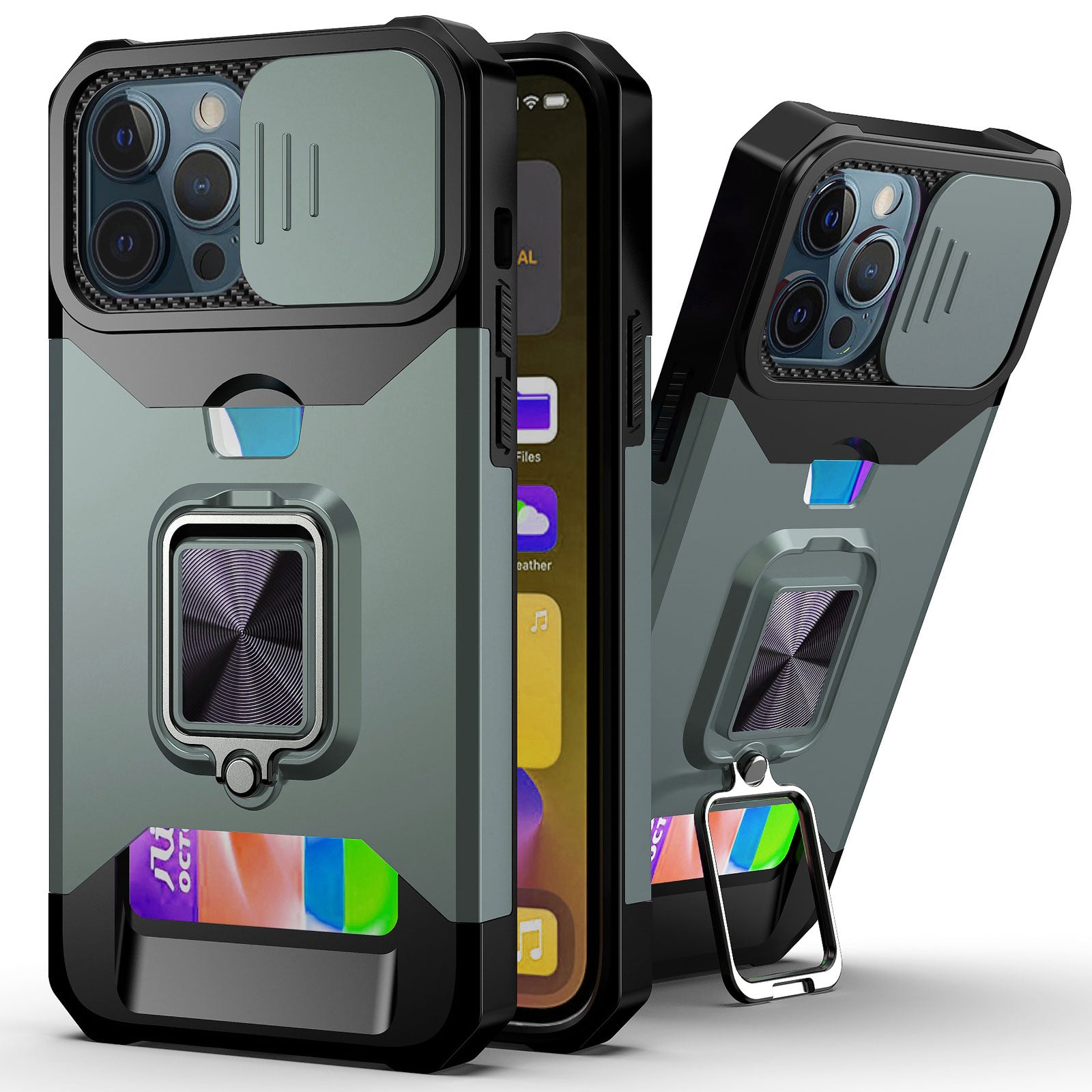 Kickstand with Slide Camera, Built-in 360 Rotate Ring Stand Magnetic Card Slot Credit Cover
