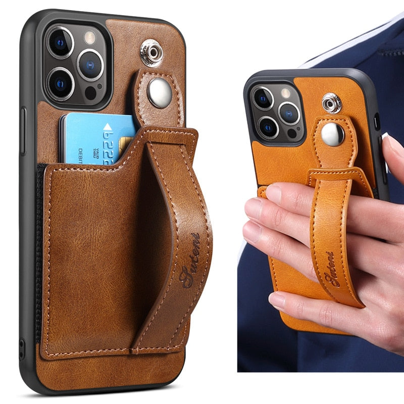 Leather Wallet flip Cover Stand Feature with Wrist Strap and Credit Cards Pocket for iPhones