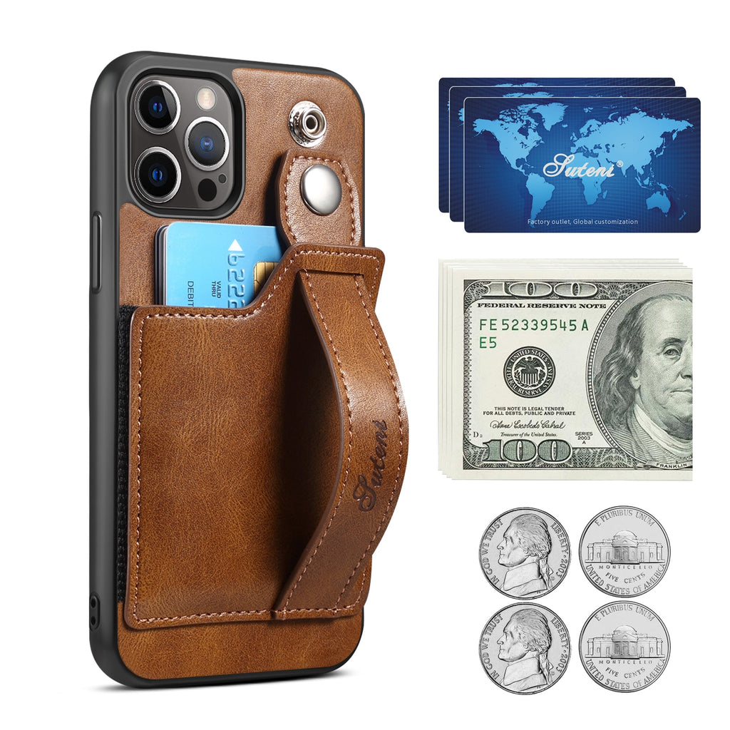 Leather Wallet flip Cover Stand Feature with Wrist Strap and Credit Cards Pocket for iPhones